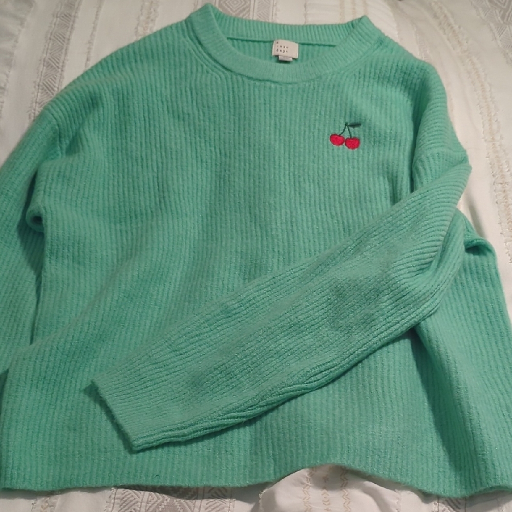 Green Sweater With Cherry Detail NWOT